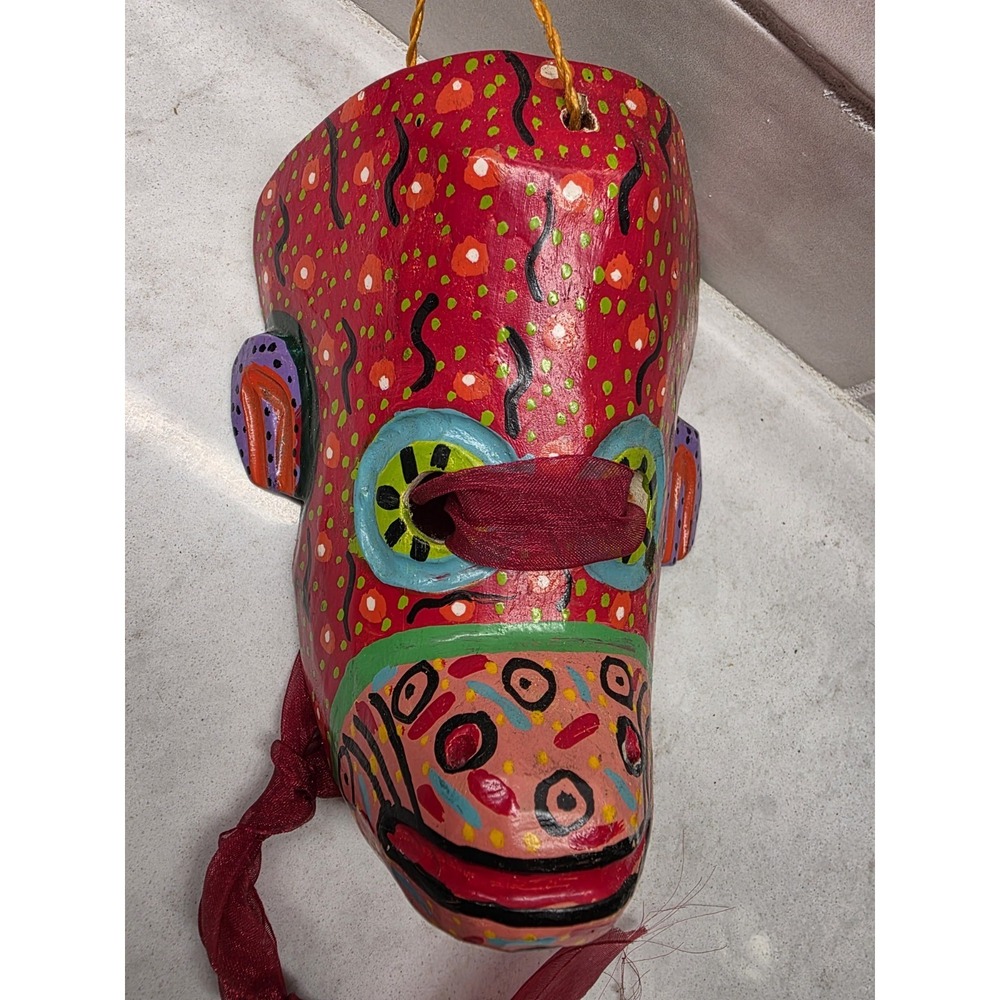 Hand Carved Wooden Tribal Mask Wall Hanging Folk Art Colorful Hand Painted Decor - Picture 2 of 10